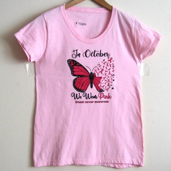 Breast Cancer Awareness 'In October We Wear Pink' T Shirt, Pink, S/M, New w/Gift - Picture 1 of 4